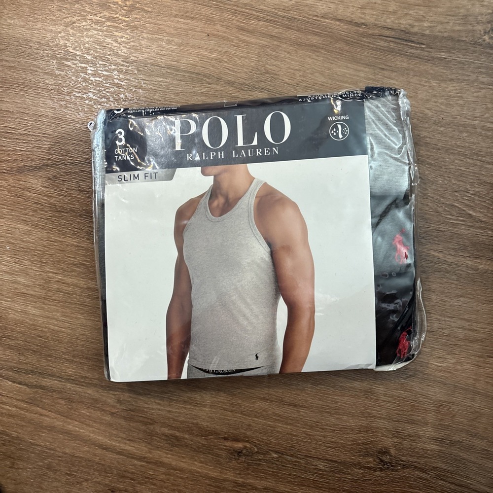 Polo Ralph Lauren Cotton Tanks Mens Medium Gray Charcoal Black Slim Fit 3 Pack